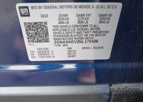 2022 Chevrolet Equinox Fwd Lt z USA, uszkodzony, nr VIN 3GNAXKEV2NL170426